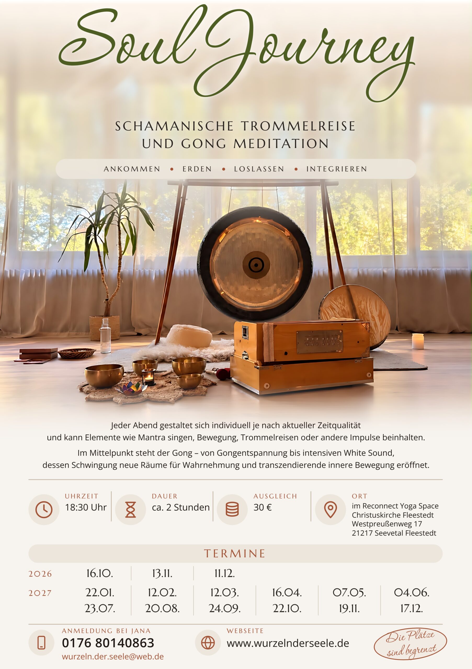 Gongmeditation Seevetal:Hamburg Veranstaltungsflyer Flyer Soul Journey: schamanische Trommelreise und Gongmeditation in Seevetal-Fleestedt – Termine 2026 und 2027