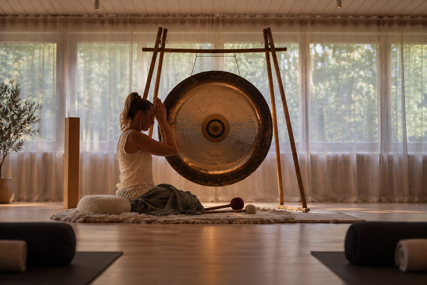 Gongmeditation in Seevetal Jana Schulz sitzt in Meditationshaltung vor einem großen Gong in einem hellen Raum