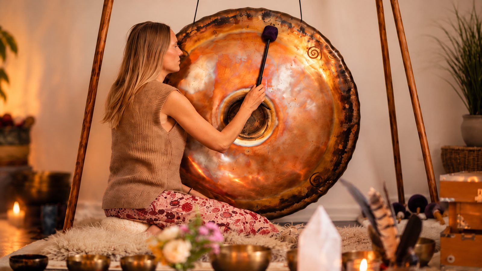 Soul Journey Gongmeditation Jana Schulz spielt einen großen Gong bei Kerzenschein